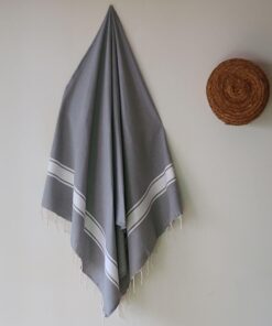 fouta 3 bandes blanches coton gris