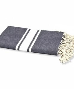 Alternative view of Fouta 3 Bandes Blanches 100% coton - Bleu foncé