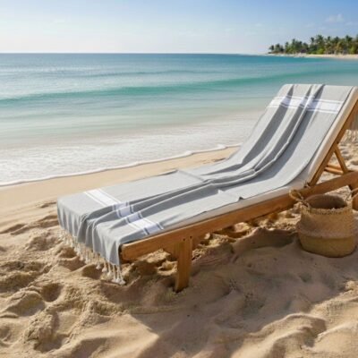 fouta de plage 3 bandes gris clair