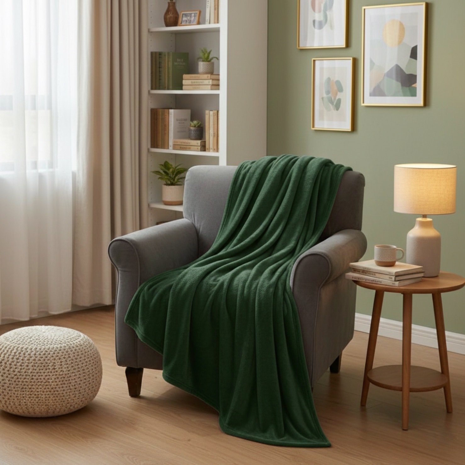 plaid micofibre vert sur fauteuil